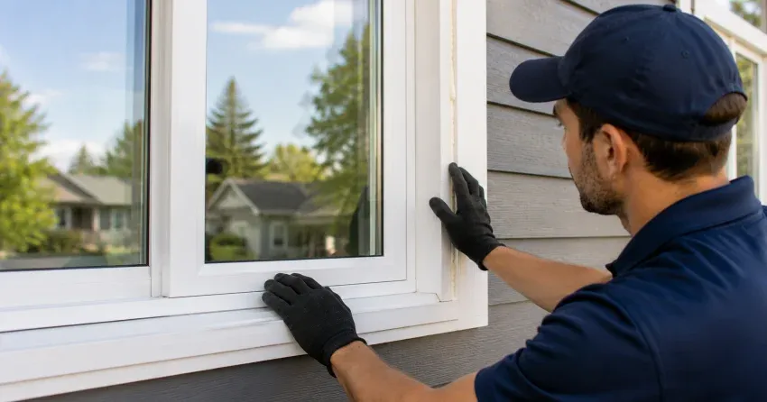 technician comparing full-frame and retrofit window replacement options in Pickering