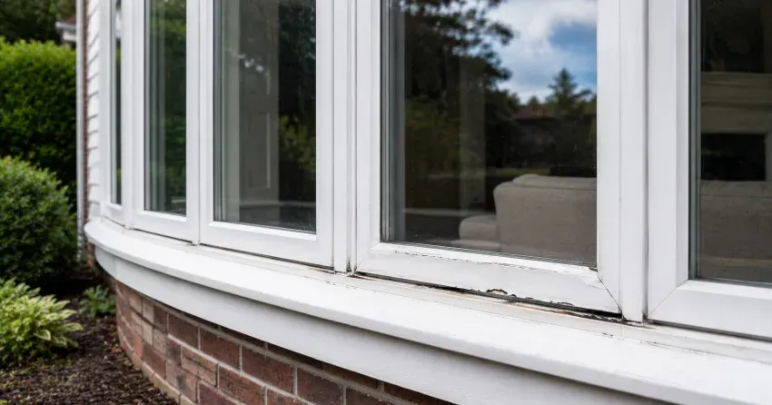 technician inspecting bow window frame and seal for damage in Pickering