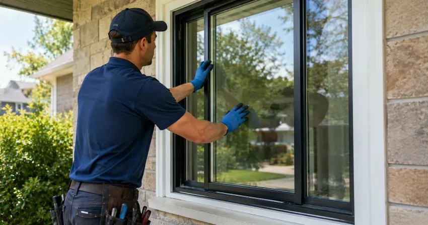technician measuring a broken window pane for replacement in Rosebank, Pickering