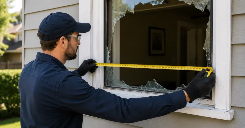 plywood board-up installed on a broken window Pickering