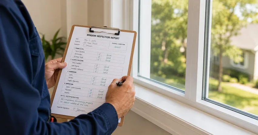 technician inspecting window seal and frame in Highbush, Pickering