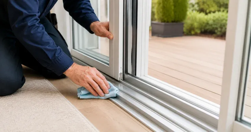 technician inspecting a sliding patio door track in Wilson Meadows, Pickering