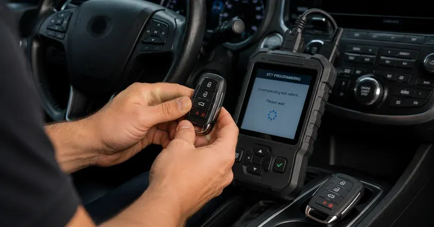 technician inspecting a worn car key before replacement in Pickering