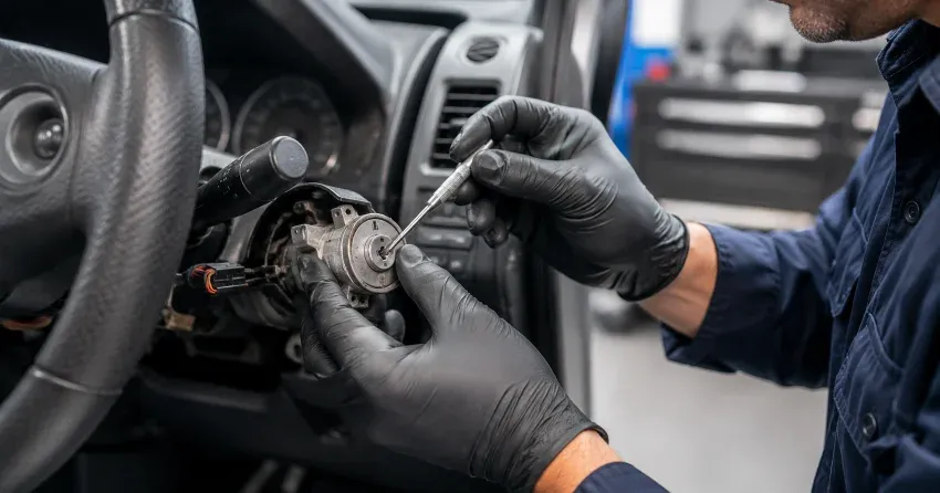 technician diagnosing an ignition lock repair issue in Rosebank, Pickering