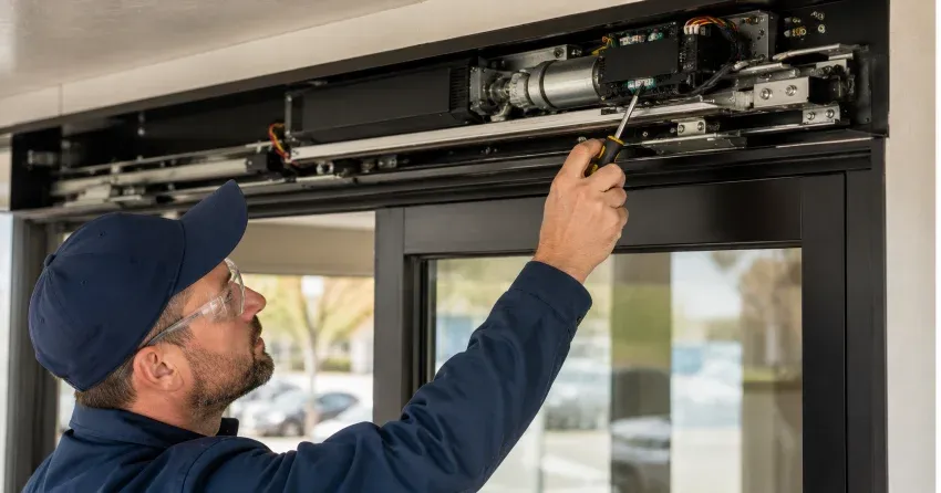 technician completing automatic door repair on residential property in Pickering