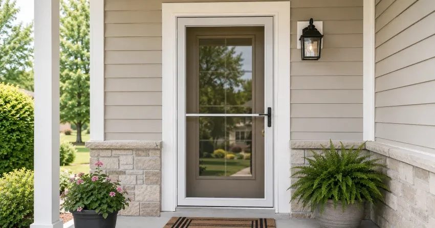 technician hanging storm door square and plumb in Claremont, Pickering