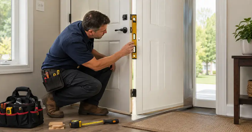 technician diagnosing a misaligned door frame in Wilson Meadows, Pickering