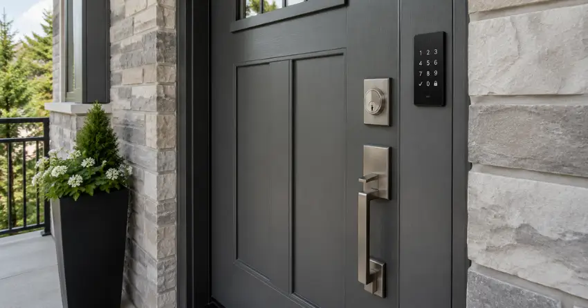 High-security door hardware and access control keypad installed on a residential entry door in Pickering