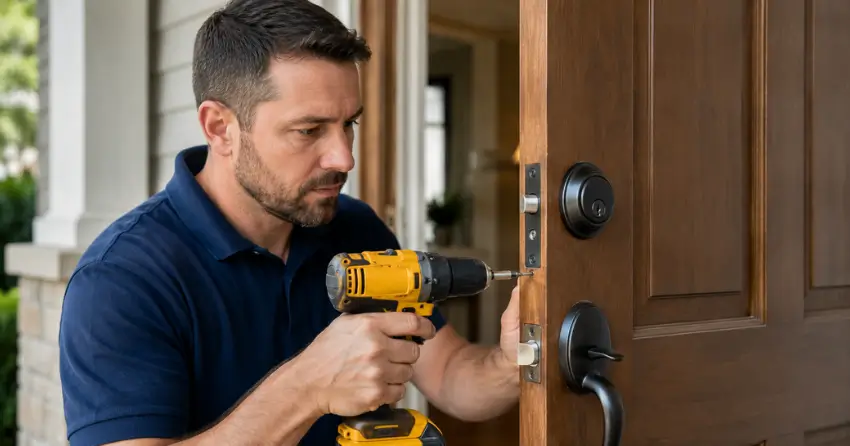 technician installing a new deadbolt during Change Door Lock Pickering service