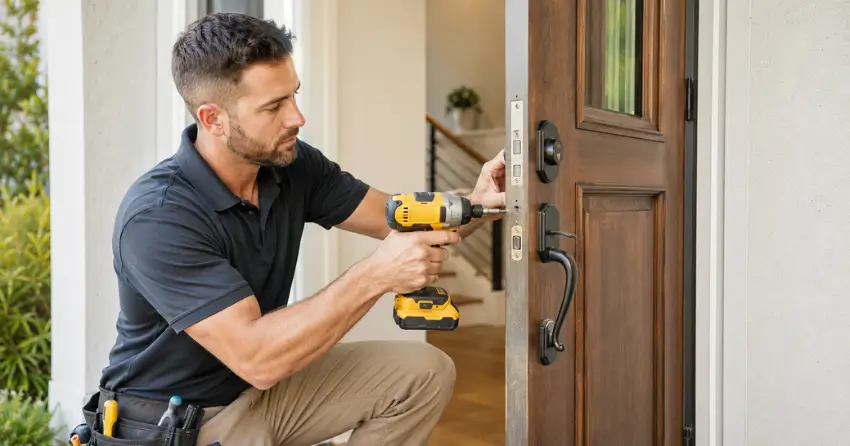 locksmith installing new deadbolt lock on front door in Pickering