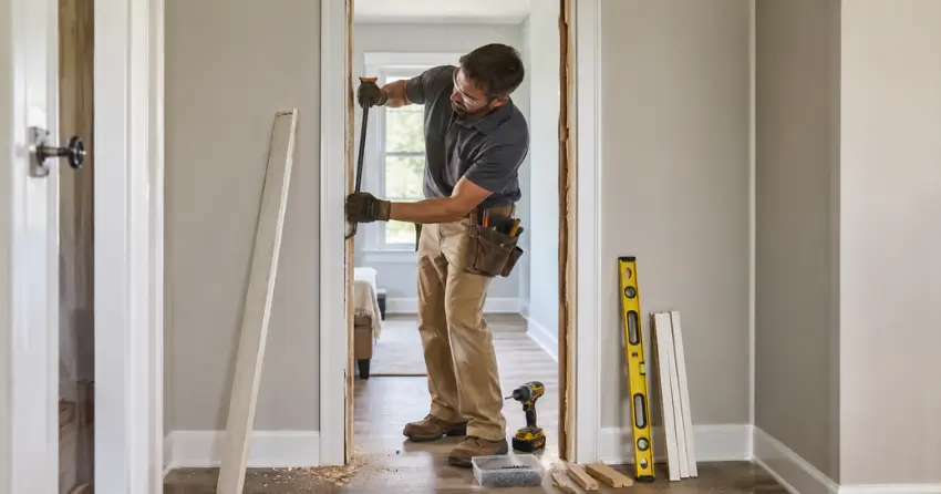 technician removing an old interior door frame during installation Highbush, Pickering