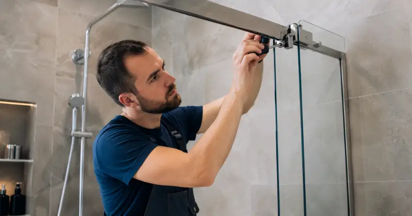 technician adjusting shower door hinge and track in Liverpool, Pickering
