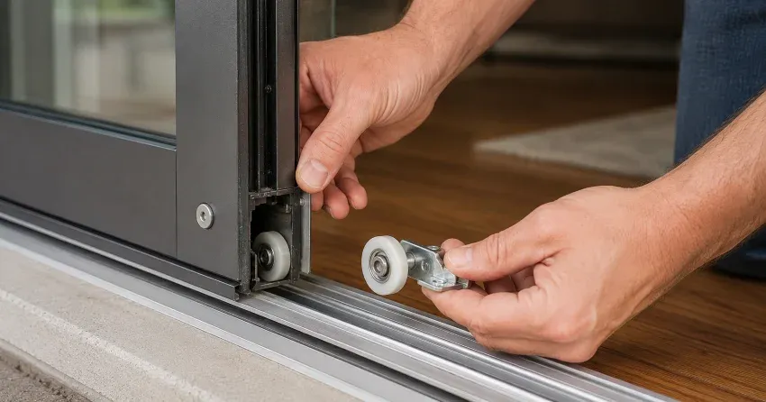 sliding door alignment Wilson Meadows, Pickering technician adjusting roller track