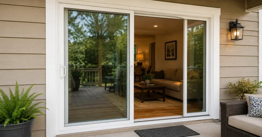 Patio Door Installation technician setting a new frame in Pickering