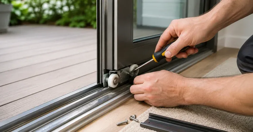 sliding door fix Highbush, Pickering technician diagnosing track issue