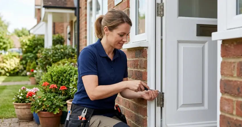 technician repairing exterior door hinge and frame in Liverpool, Pickering