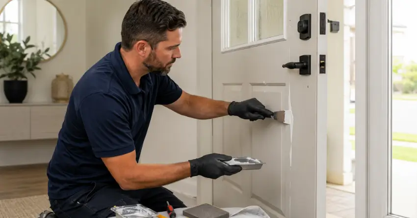 technician repairing fiberglass door surface crack in Amberlea, Pickering