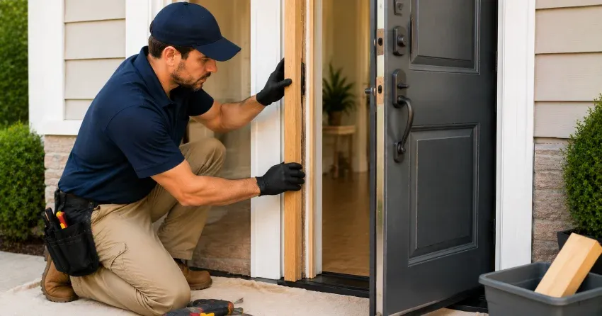 technician inspecting damaged door frame corner in Wilson Meadows, Pickering
