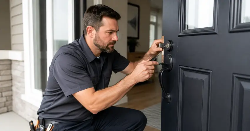 licensed locksmith technician working on residential deadbolt in Pickering