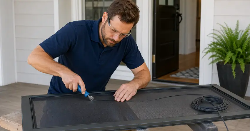 technician replacing screen door mesh and spline in Pickering