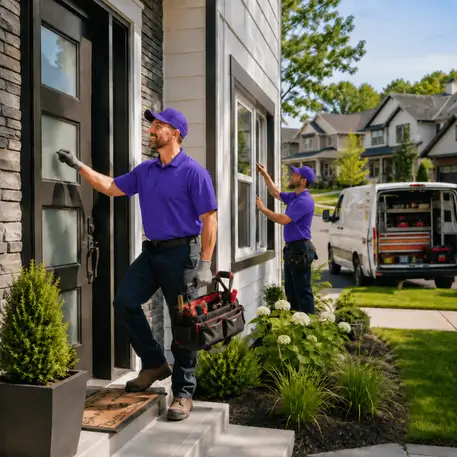 Service vans and technicians on residential door and window jobs across the coverage area